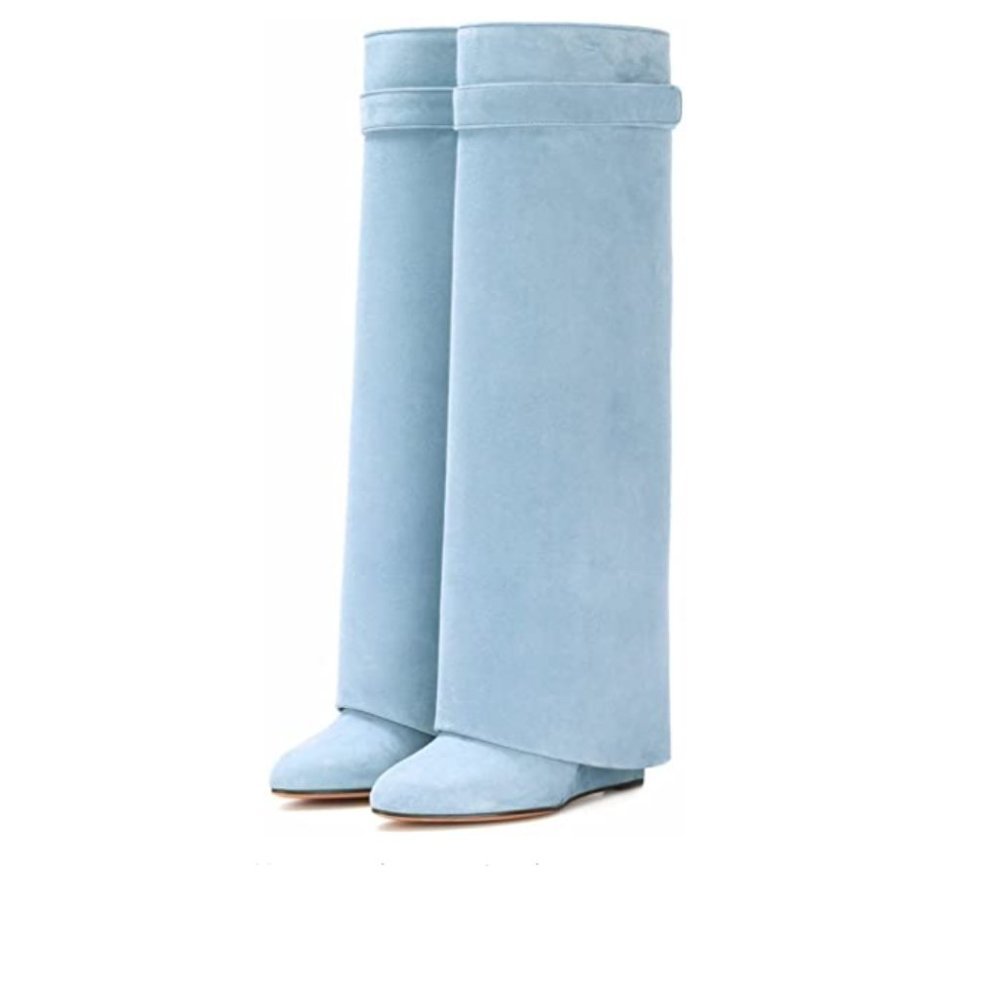 FSJ Blue Round Toe Wedge Knee High Boots